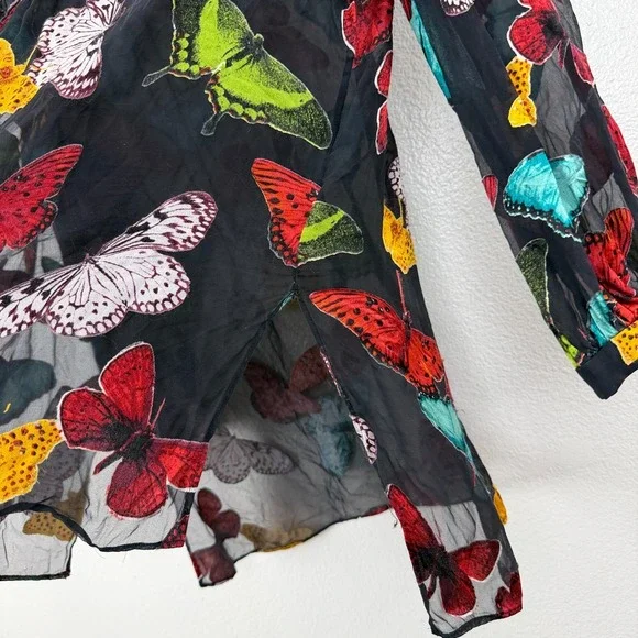 Alice & Olivia Blouse Womens Medium Black Sheila Button Up Butterflies Sheer Top - Picture 14 of 14
